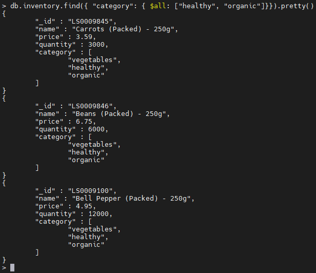 MongoDBの$all演算子の例。