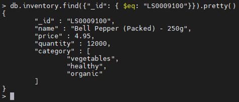 MongoDBの$eq演算子の例。