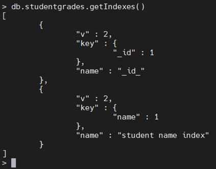 MongoDB における getIndexes() の例。