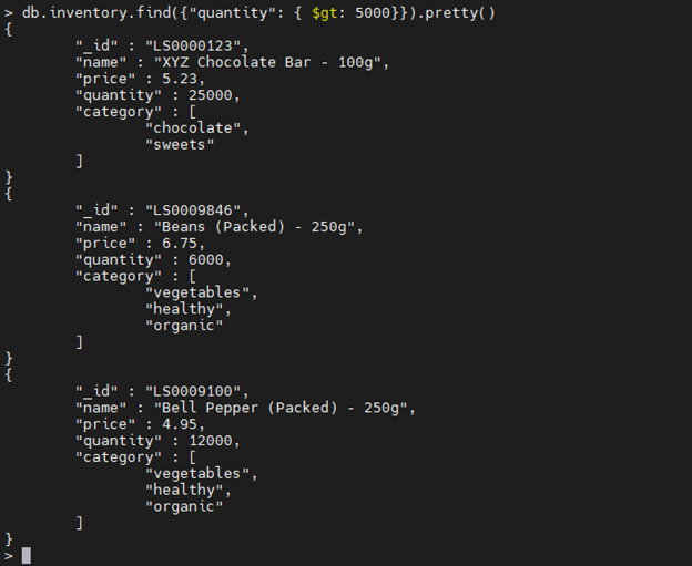 MongoDBの$gt演算子の例。