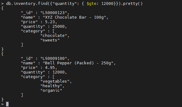 MongoDBの$gte演算子の例。