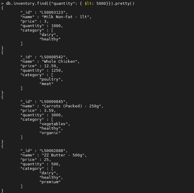 MongoDBの$lt演算子の例。