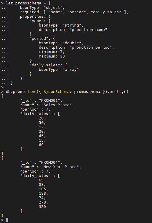 MongoDBの$jsonschema演算子の例。