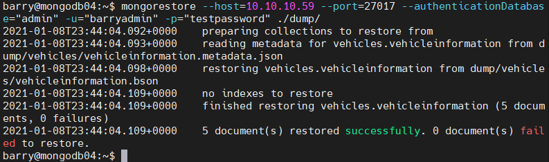 リモートMongoDBインスタンスのためのmongostoreの復元コマンド