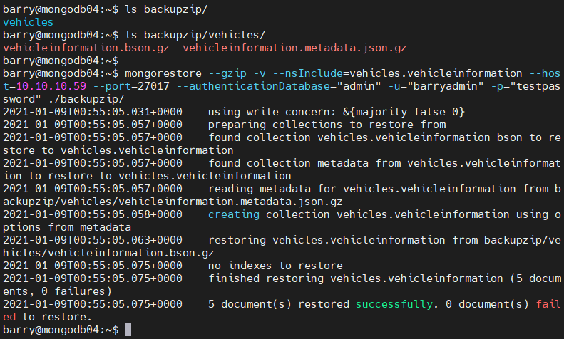mongostoreを使用して圧縮されたMongoDBバックアップを復元する