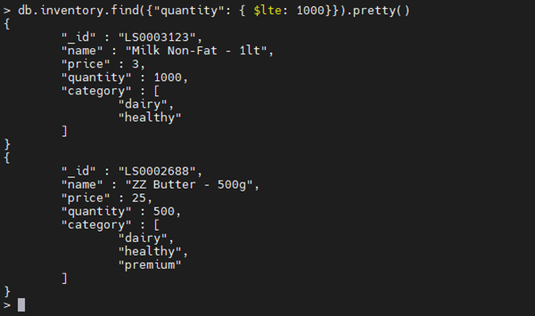 MongoDBの$lte演算子の例。