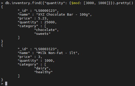 MongoDBの$mod演算子の例。