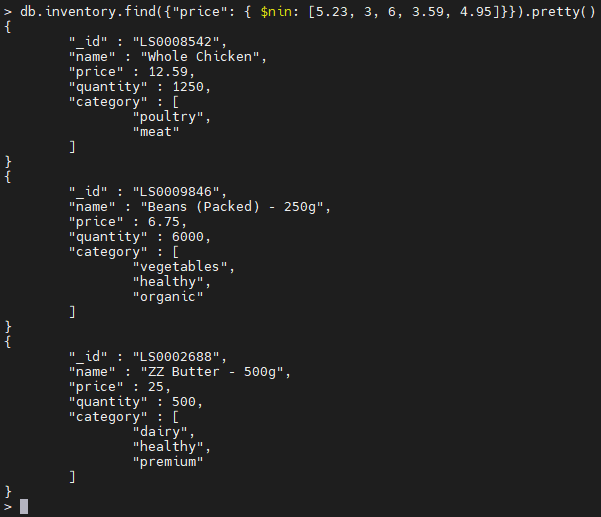 MongoDBの$nin演算子の例。