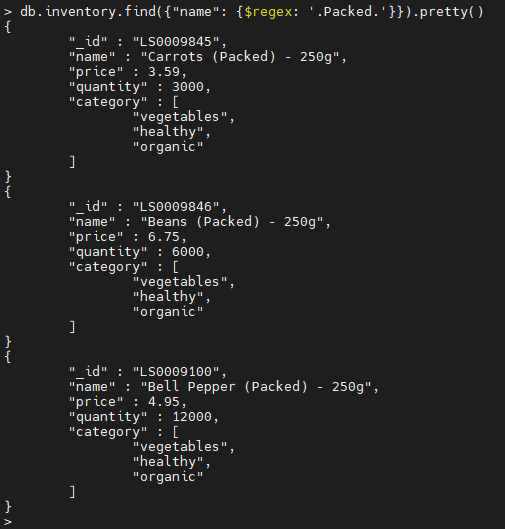 MongoDBの$regex演算子の例。