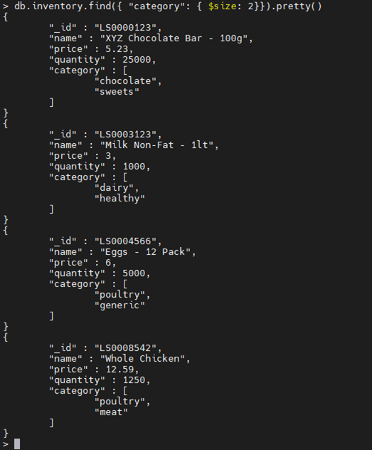 MongoDBの$size演算子の例。