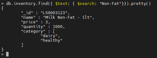 MongoDBの$text演算子の例。