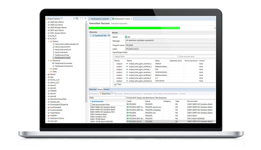 Successful execution of PL/I test case using non-virtualized test scenario